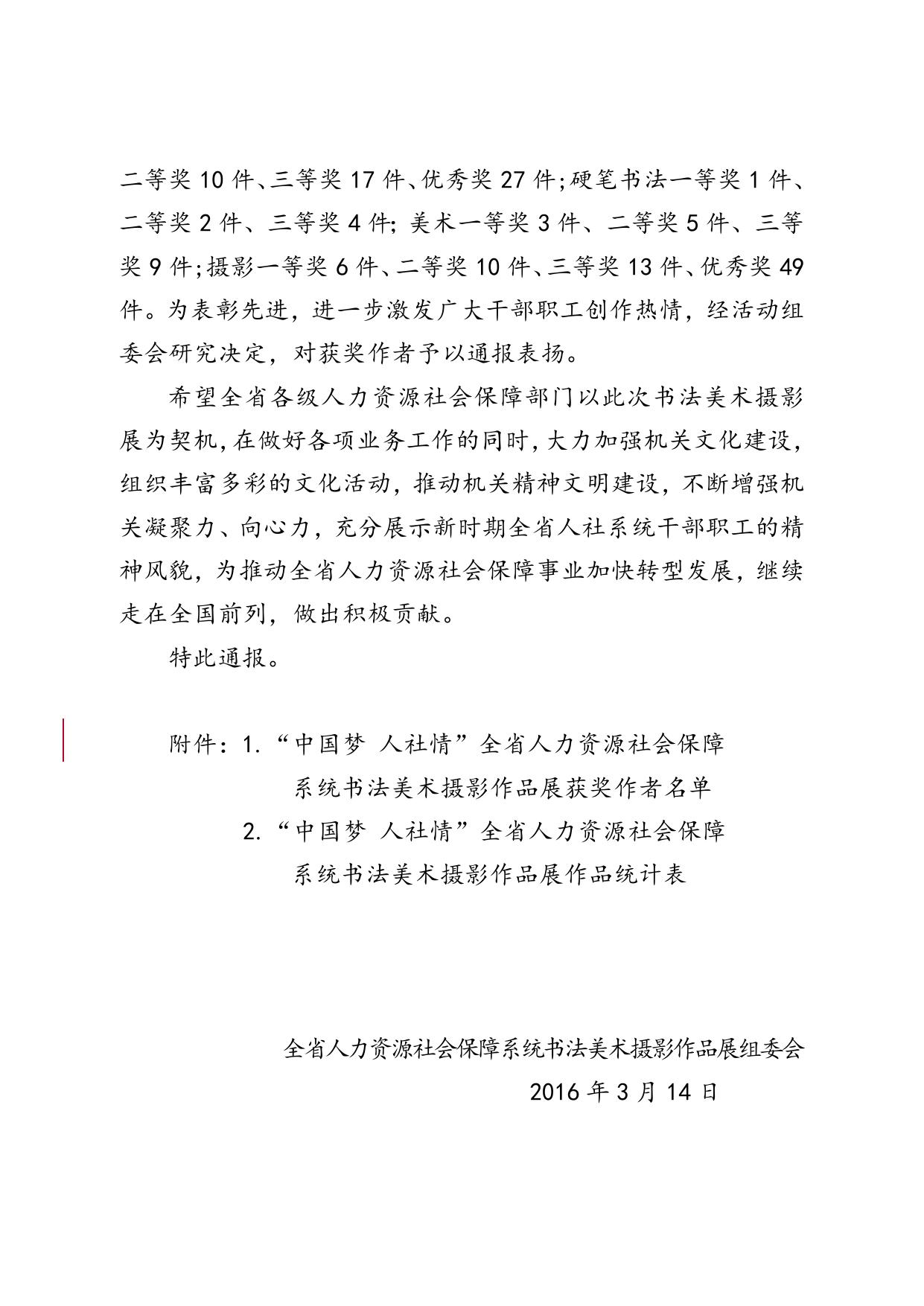 中国梦人社情全省人社系统书法美术摄影作品展获奖通报.docx