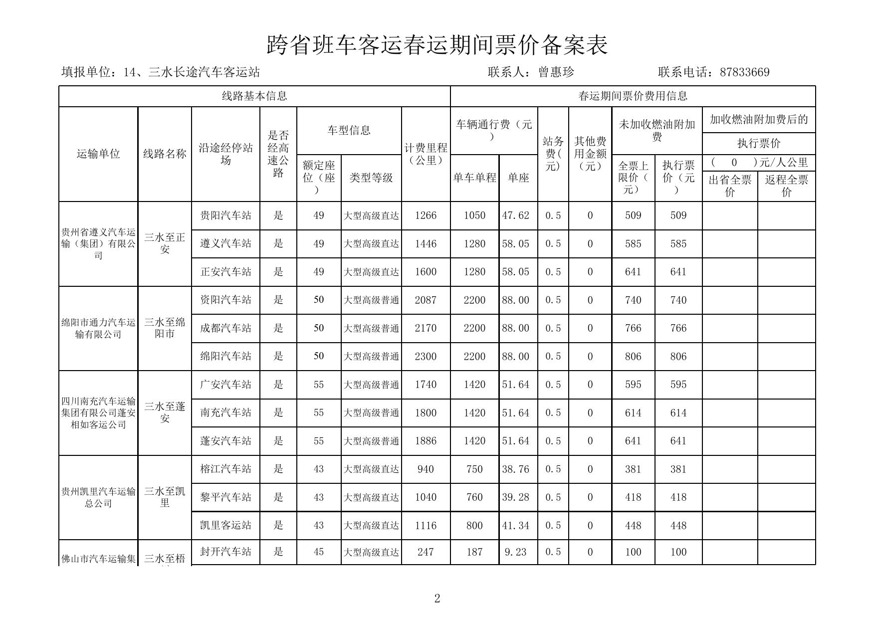 三水长途汽车客运站跨省站点票价表（跨省春运客运）.xls