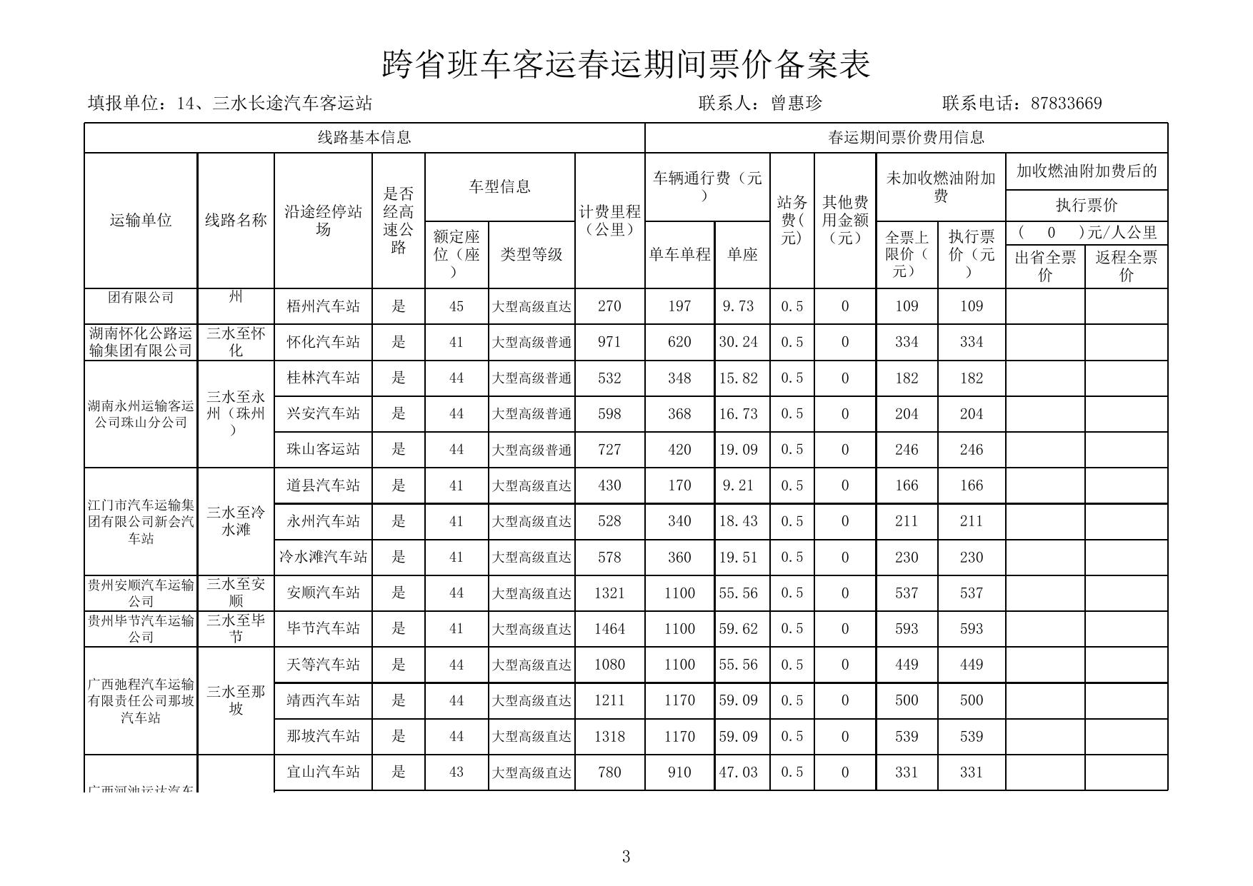 三水长途汽车客运站跨省站点票价表（跨省春运客运）.xls