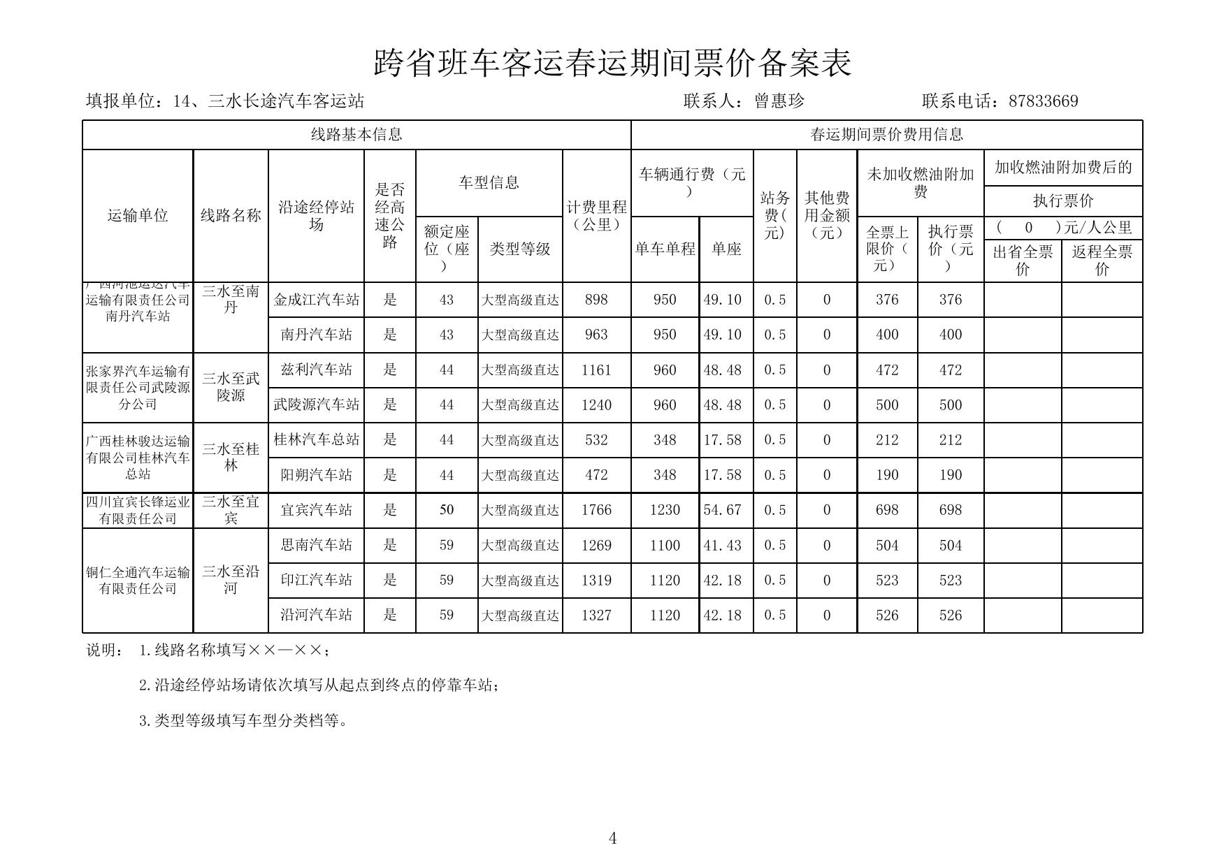 三水长途汽车客运站跨省站点票价表（跨省春运客运）.xls