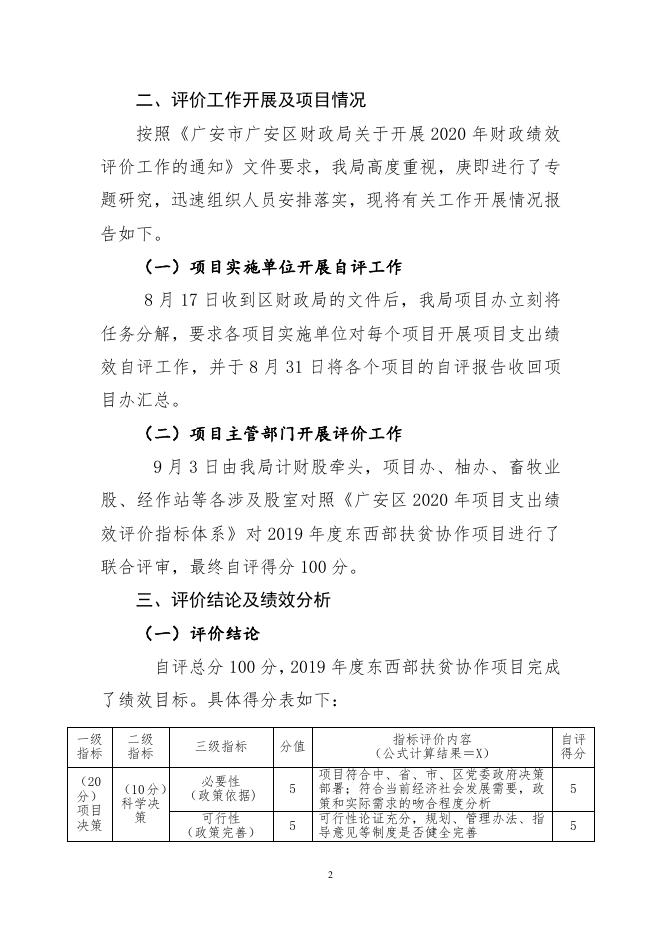 附件2：广安区农业农村局2019年东西部扶贫项目支出绩效自评报告.docx