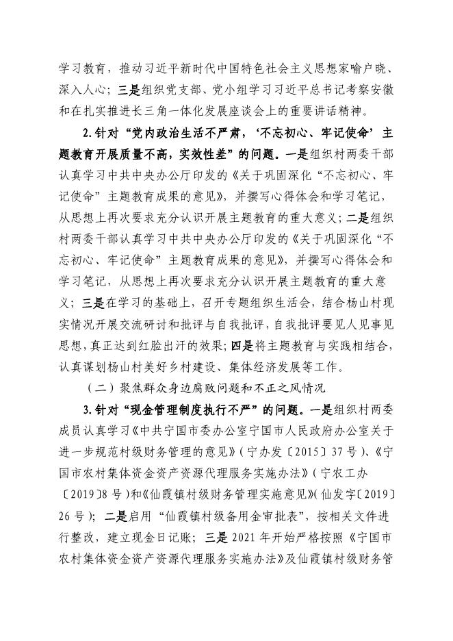 中共仙霞镇杨山村党总支关于巡察整改情况的通报.pdf