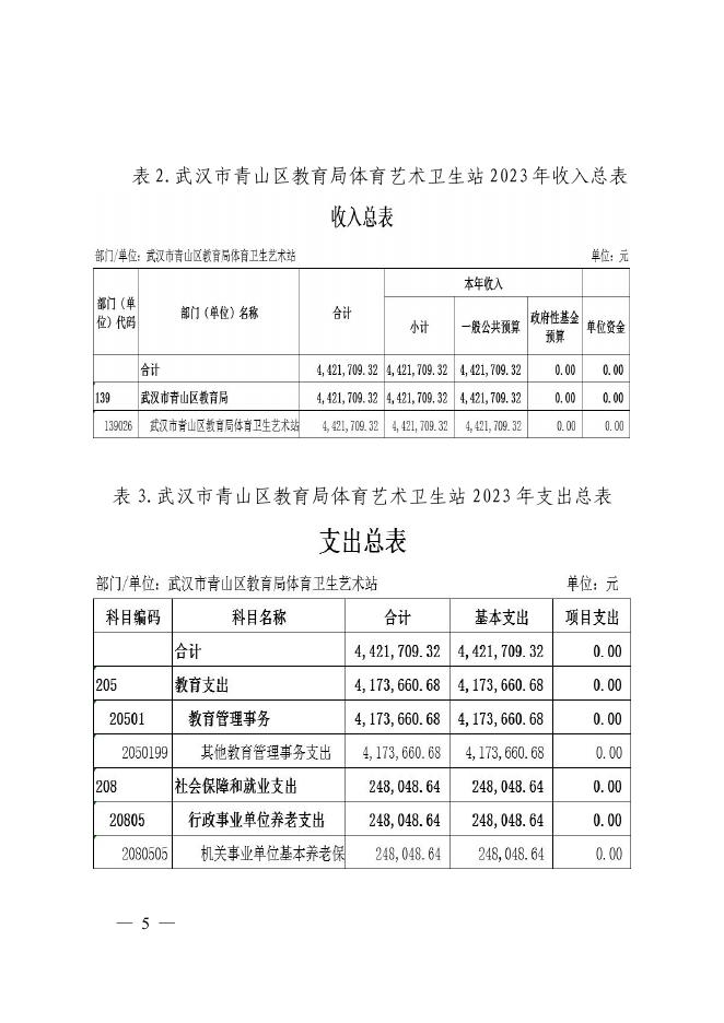 武汉市青山区教育局体育艺术卫生站2023年单位预算.pdf