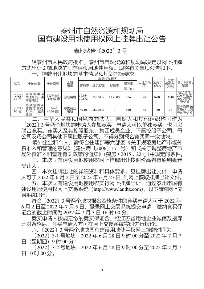 泰州市国有建设用地使用权网上挂牌出让文书（泰地储告〔2022〕3号）.docx