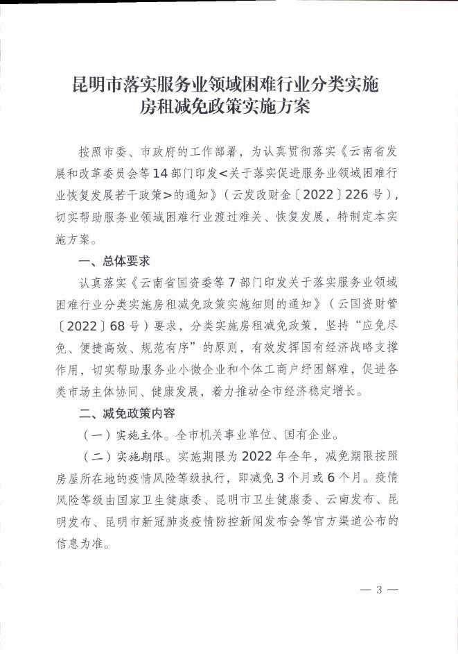 昆明市国资委等6部门印发关于落实服务业领域困难行业分类实施房租减免政策 实施方案的通知（昆国资联发〔2022〕1号）.pdf