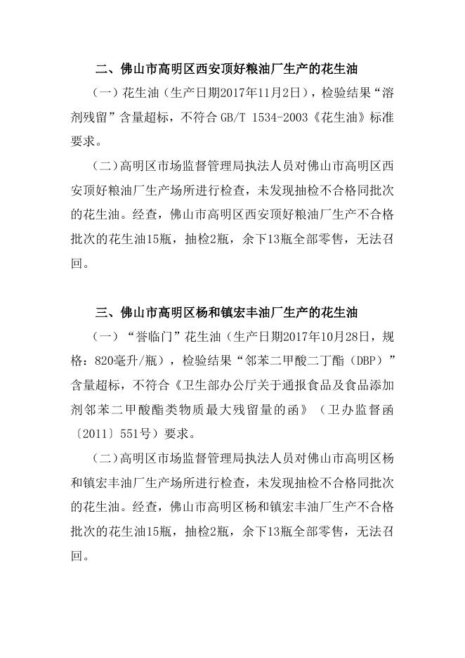 佛山市高明区市场监督管理局关于不合格食品风险控制情况的通告（第一期）.doc