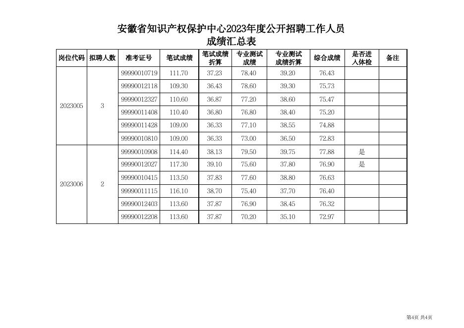 安徽省知识产权保护中心2023年度公开招聘工作人员专业成绩汇总表.pdf