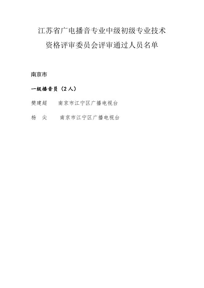 江苏省广电播音专业中级初级专业技术资格评审委员会评审通过人员名单.docx