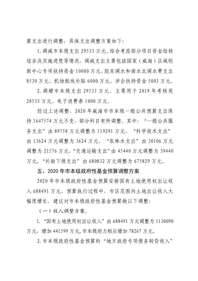 威海市2020年下半年地方政府债券分配使用意见及市级预算调整报告（政府预算第二次调整）.pdf