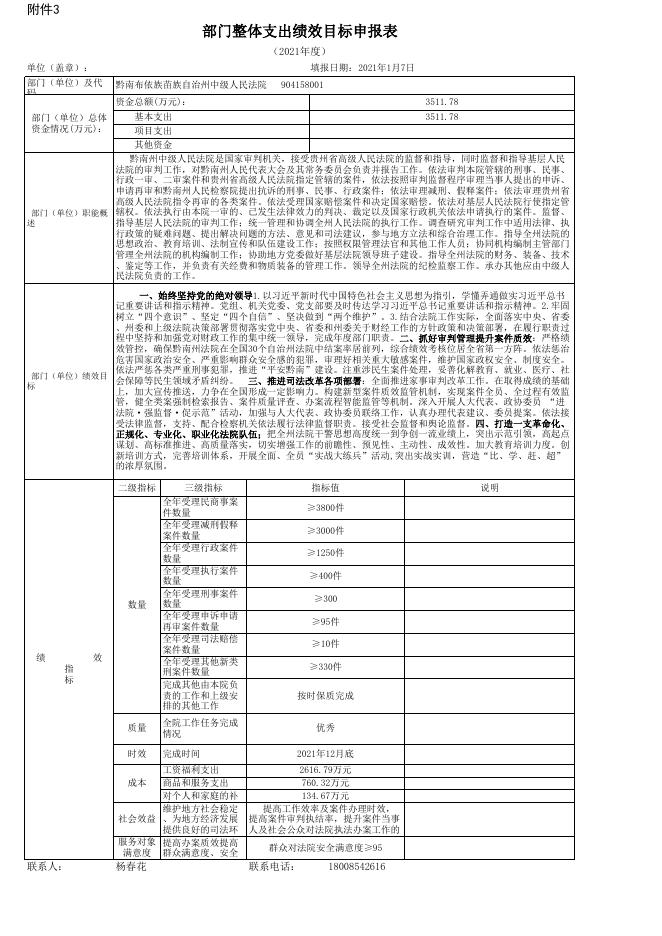 贵州省黔南布依族苗族自治州中级人民法院(本级）部门整体支出绩效目标表.xls
