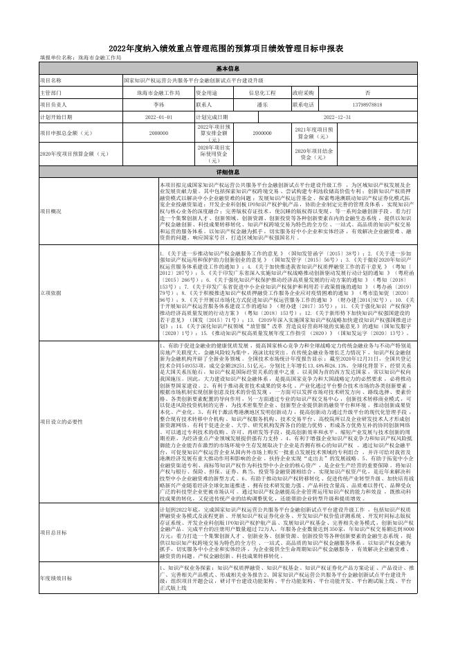 珠海市金融工作局2022年重点绩效管理项目绩效目标.pdf