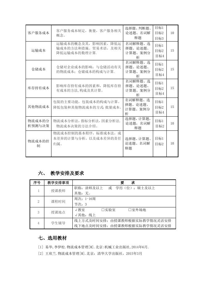2018版4、6、8学期专业拓展选修课程《物流成本管理》教学大纲_物流管理专业_东莞理工学院城市学院商学院.docx