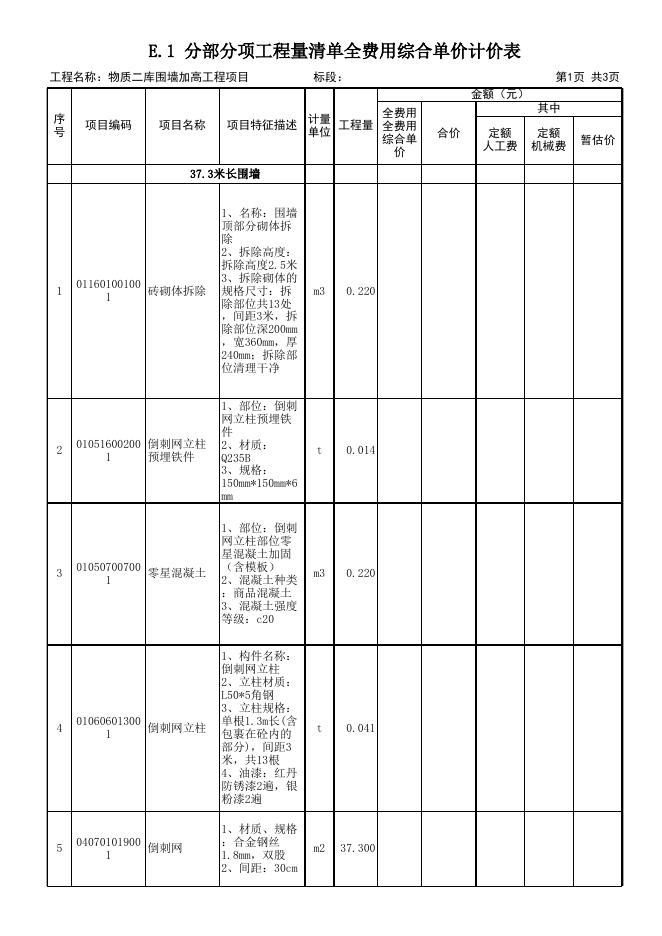 徽商集团物资二库围墙加高工程项目清单报价表.xls