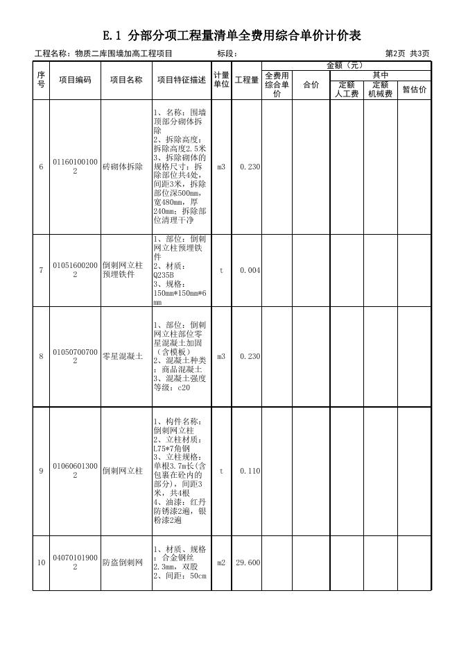 徽商集团物资二库围墙加高工程项目清单报价表.xls