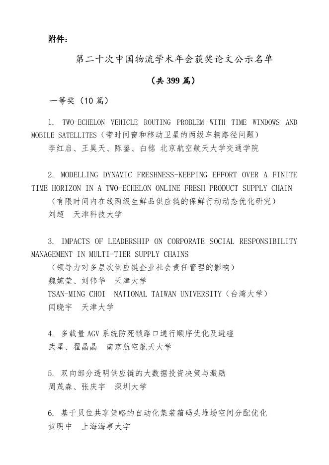 第二十次中国物流学术年会获奖论文公示.docx