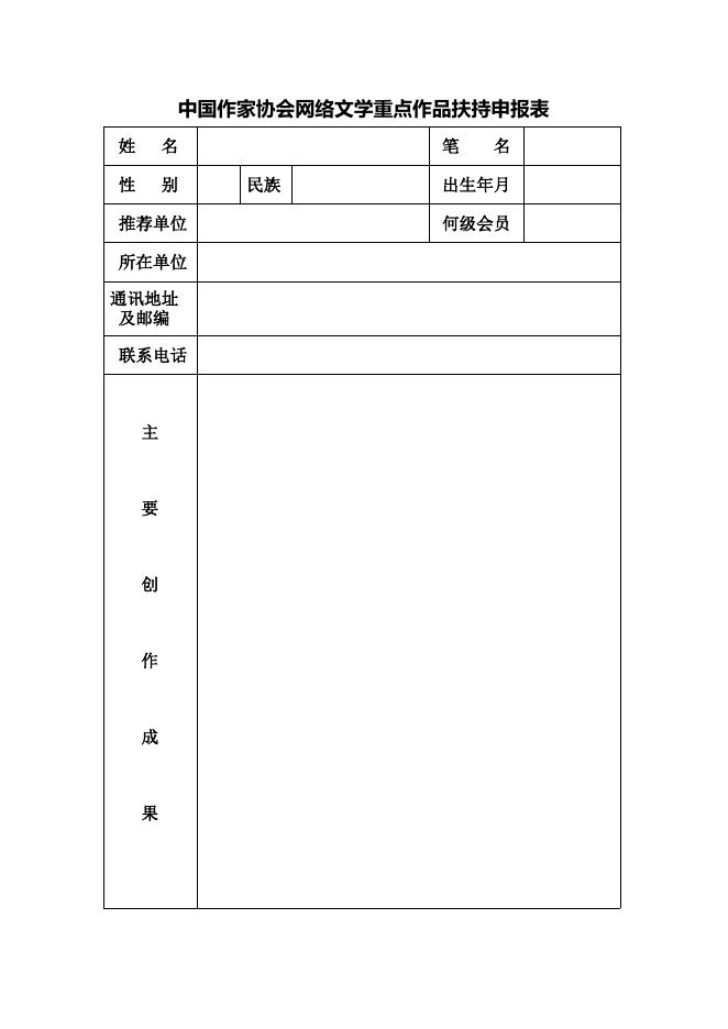 附件三:中国作家协会网络文学重点作品扶持申报表.doc