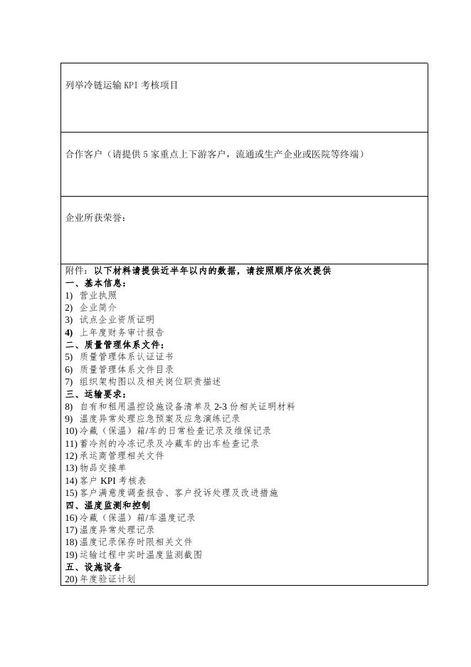 附件1:《体外诊断试剂温控物流服务规范》行业标准达标企业(运输型) 申报表.doc