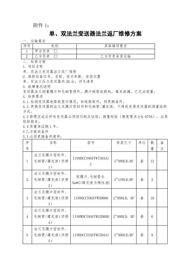 电仪厂单、双法兰变送器法兰返厂维修招标文件2022.5.19.doc