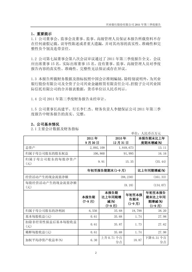 兴业银行2011年第三季度报告.pdf
