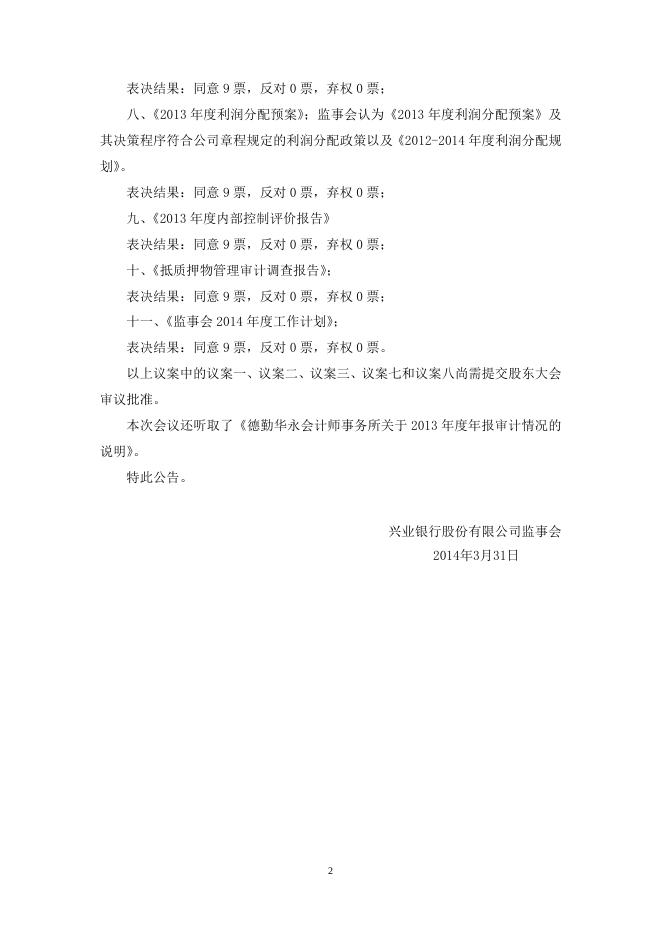 兴业银行股份有限公司第六届监事会第四次会议决议公告.doc