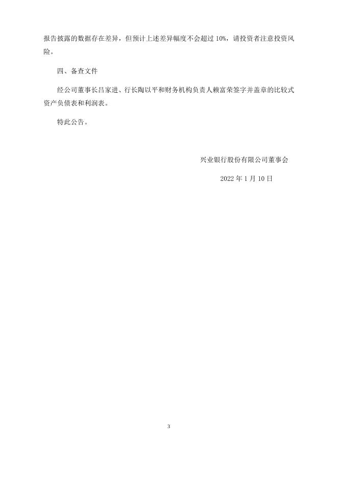 兴业银行2021年度业绩快报公告.docx