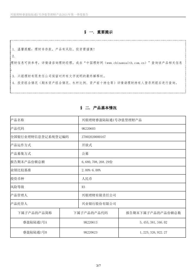 兴银理财睿盈陆陆通1号净值型理财产品2021年第一季度报告.docx
