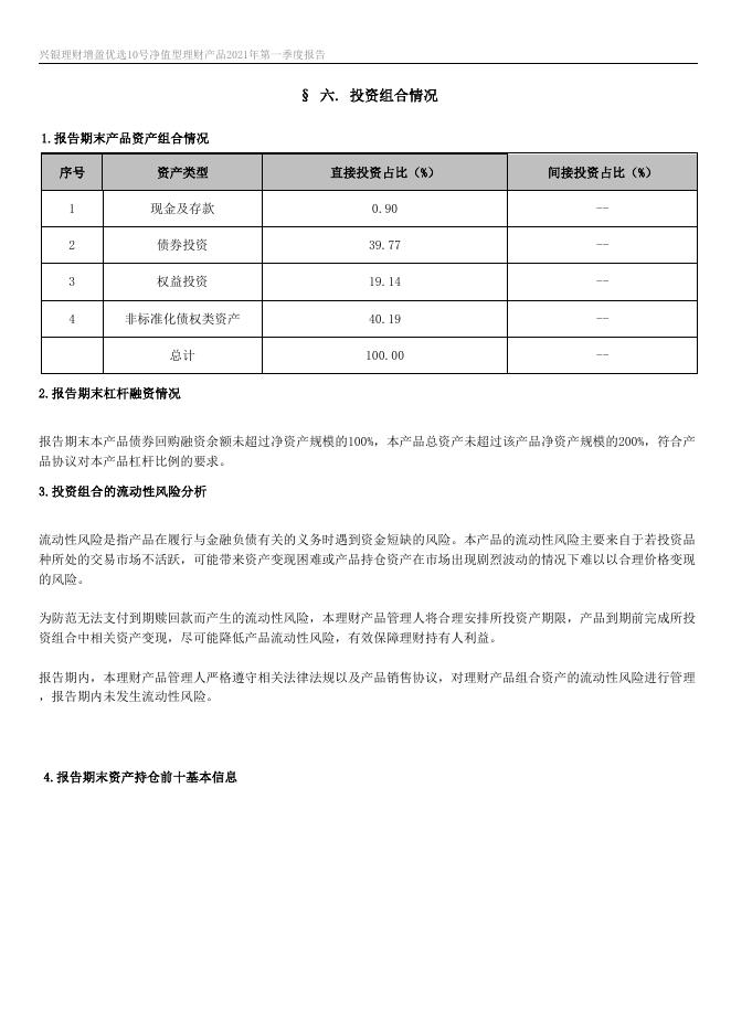 兴银理财增盈优选10号净值型理财产品2021年第一季度报告.docx
