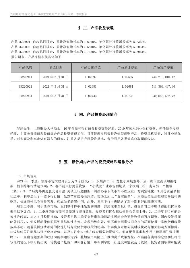 兴银理财增盈优选11号净值型理财产品2021年第一季度报告.docx