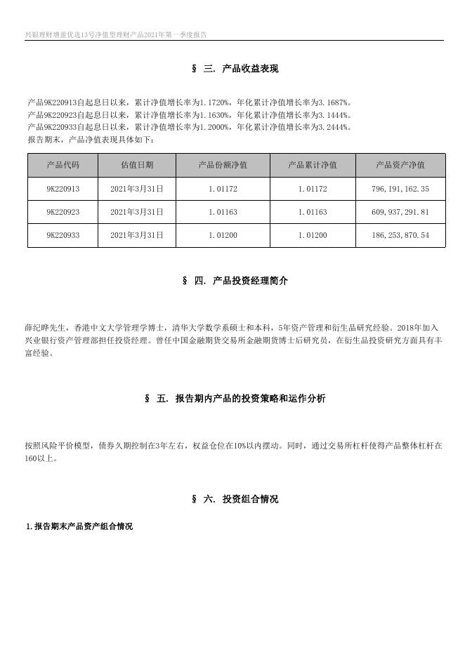 兴银理财增盈优选13号净值型理财产品2021年第一季度报告.docx