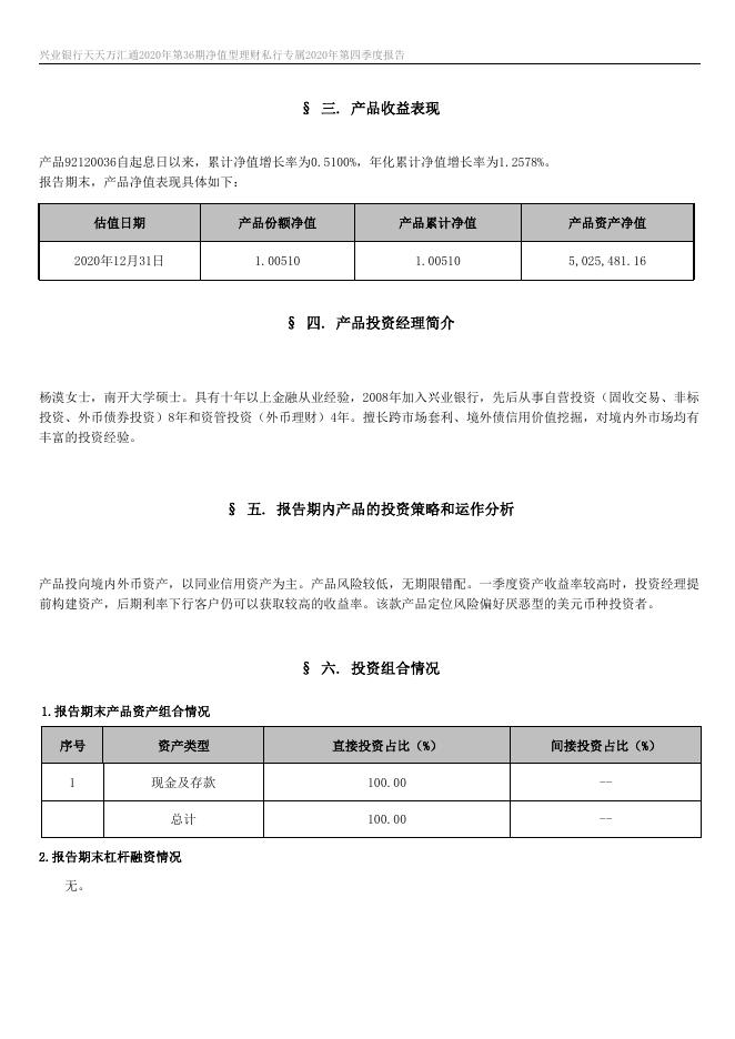 兴业银行天天万汇通2020年第36期净值型理财私行专属 2020年第四季度报告.docx
