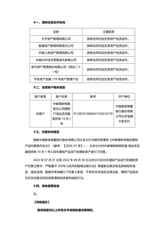 定期报告-20221027-中邮理财邮银财富·鸿运灵活最短持有14天1号人民币理财产品投资管理报告.pdf