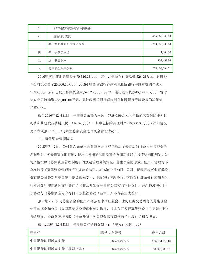 豫光金铅关于公司2016年度募集资金存放与实际使用情况的专项说明2017-021 11 10,2017.pdf