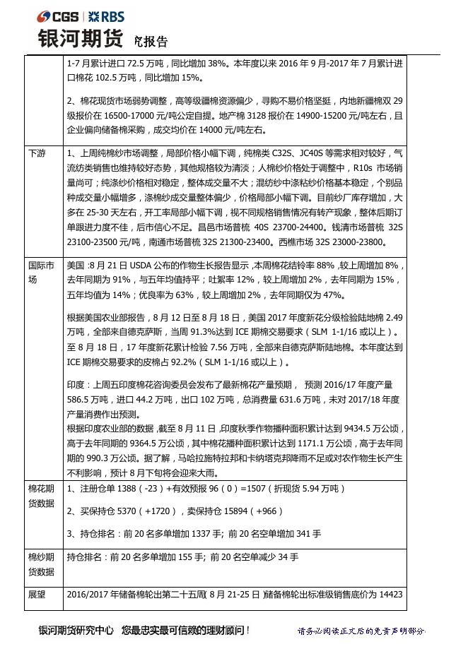 银河8月23日棉花棉纱日报 郑棉冲高回落 郑棉纱观望情绪重 - 期货产品研发策略-银河期货.pdf