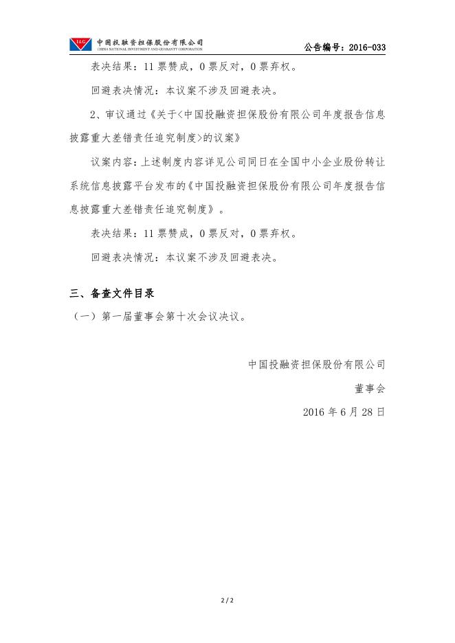 中国投融资担保股份有限公司第一届董事会第十次会议决议公告.pdf