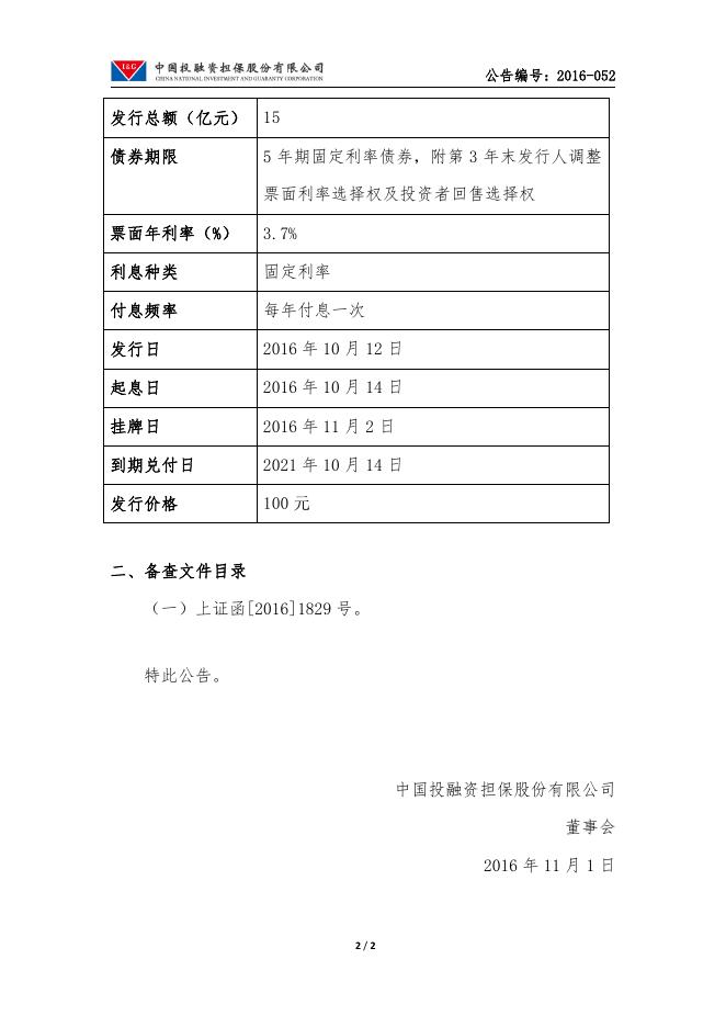 中国投融资担保股份有限公司2016年非公开发行公司债券在上海证券交易所挂牌交易的公告.pdf