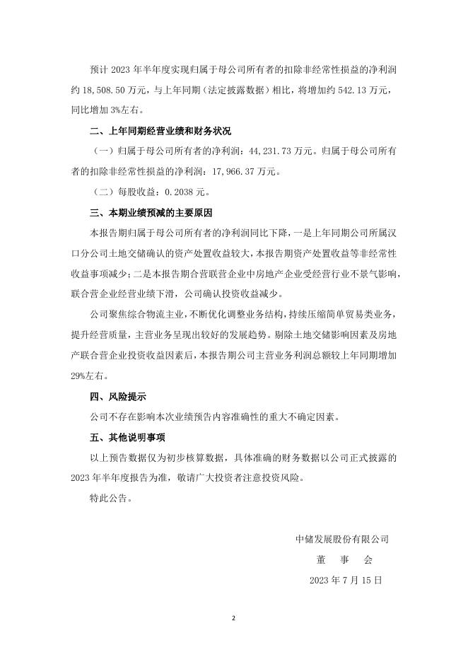 2023-07-15：中储股份：中储发展股份有限公司2023年半年度业绩预减公告.pdf