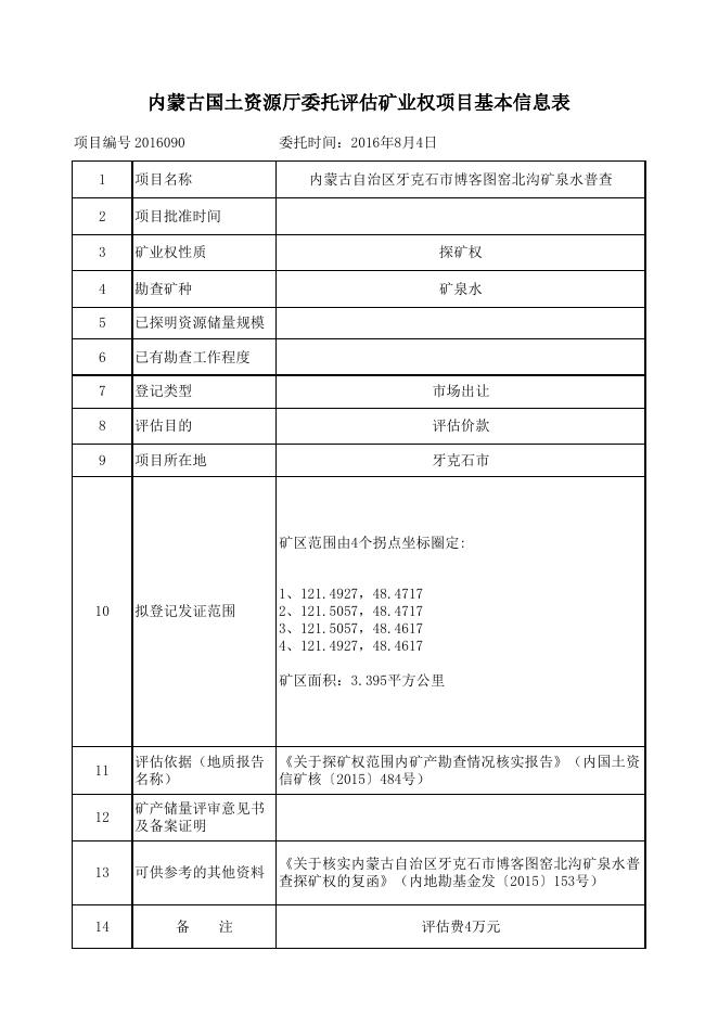 内蒙古国土资源厅委托评估矿业权项目基本信息表.xls