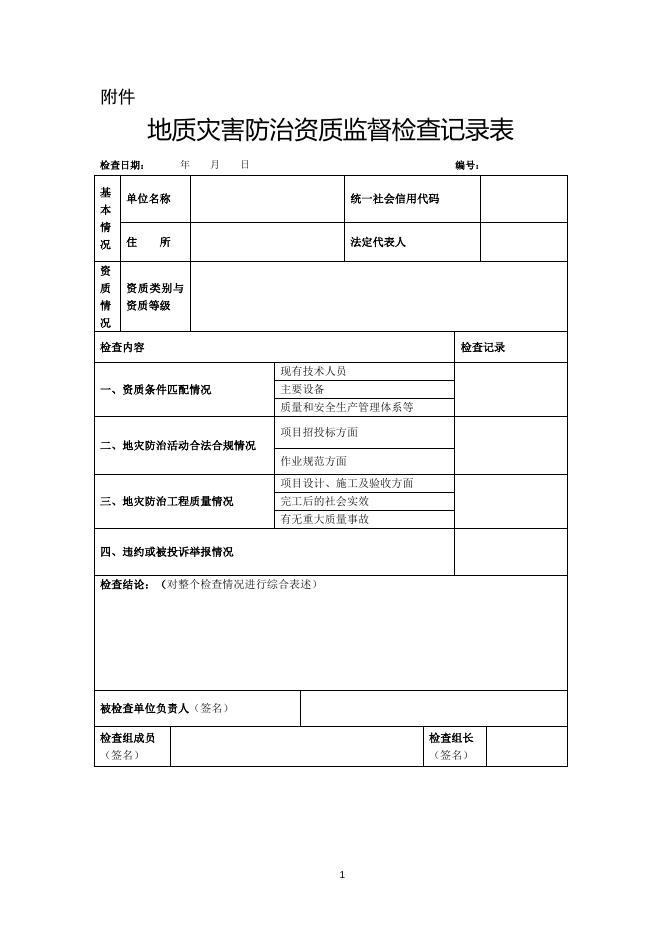 地质灾害防治资质监督检查记录表.doc