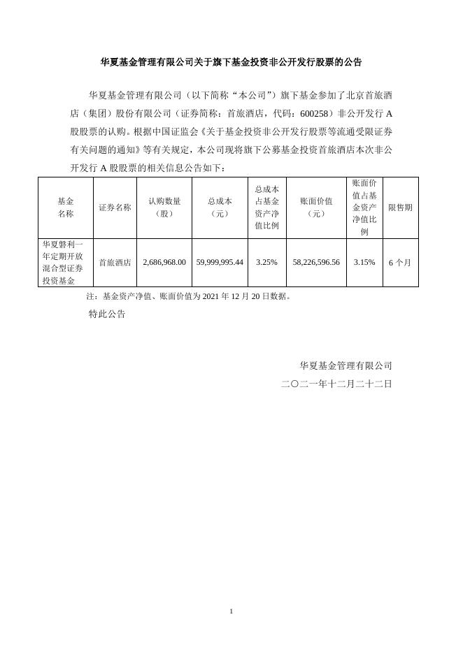 20211222华夏基金管理有限公司关于旗下基金投资非公开发行股票的公告.pdf