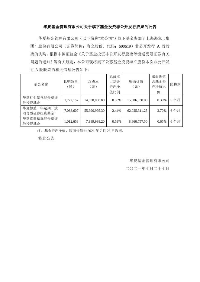 20210727华夏基金管理有限公司关于旗下基金投资非公开发行股票的公告.pdf