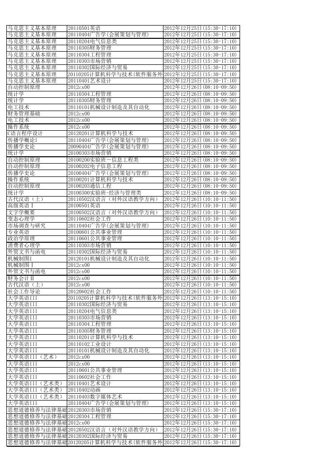 2012-2013学年第一学期期末考试时间安排.xls
