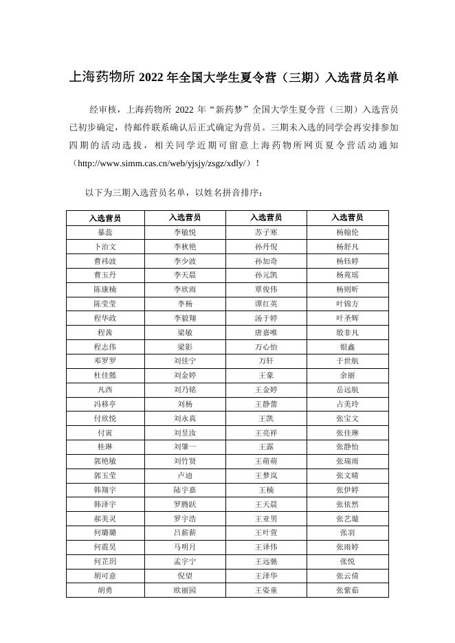 上海药物所2022年全国大学生夏令营(三期)入选营员名单.pdf