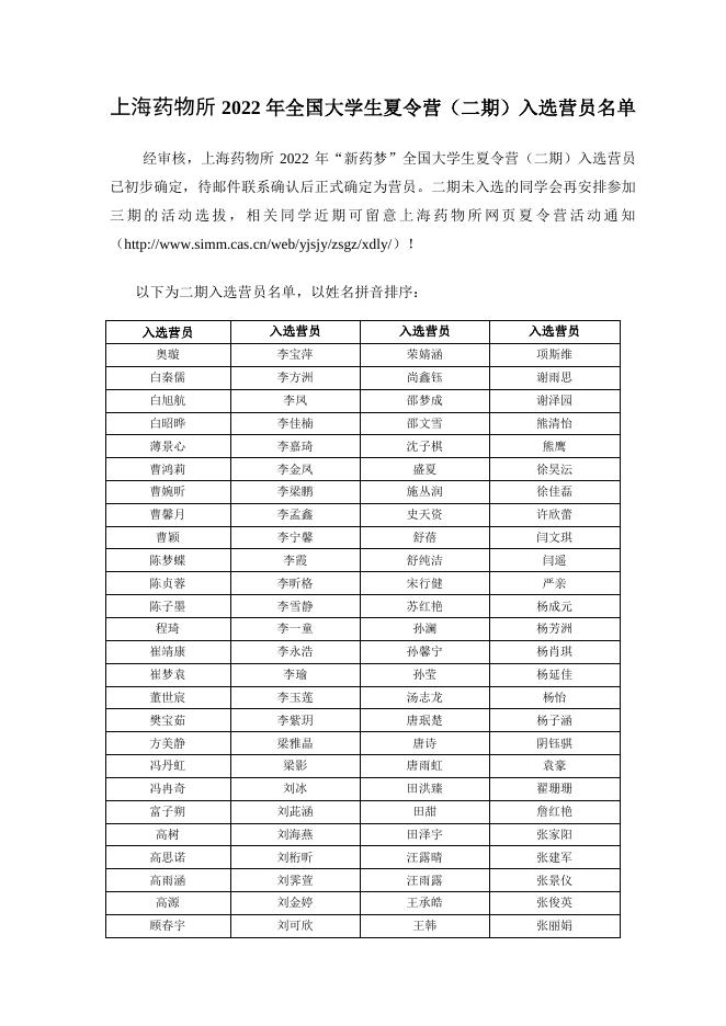 上海药物所2022年全国大学生夏令营(二期)入选营员名单"> 上海药物所2022年全国大学生夏令营(二期)入选营员名单.pdf