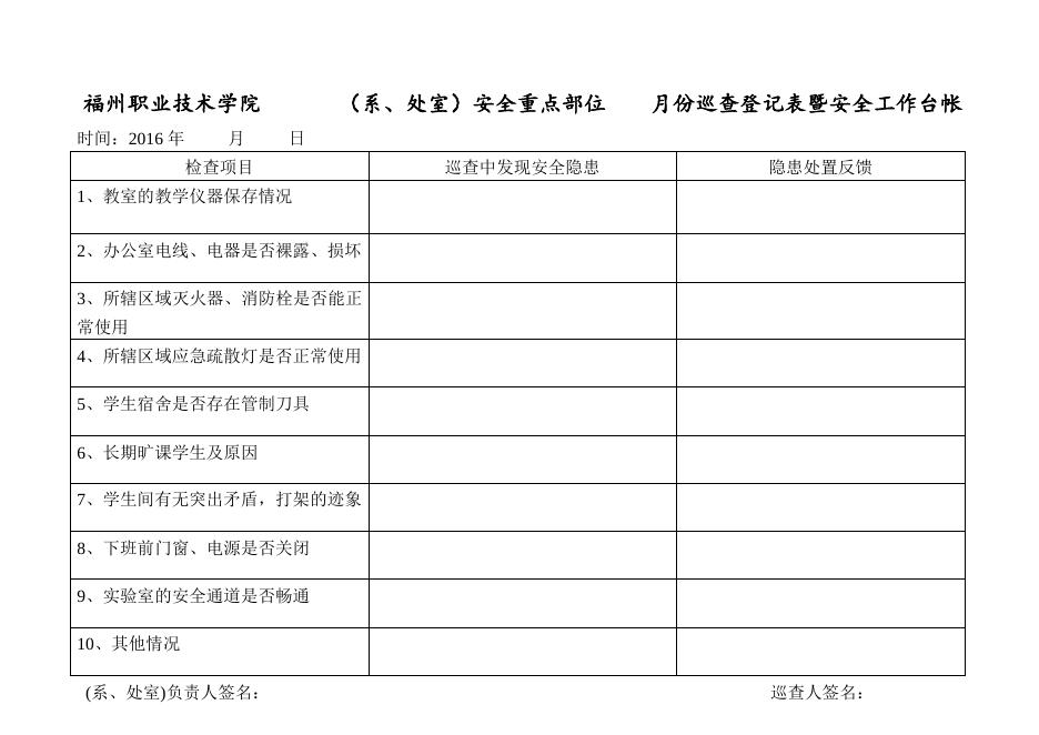 学院各系、处室安全月巡查登记表.doc
