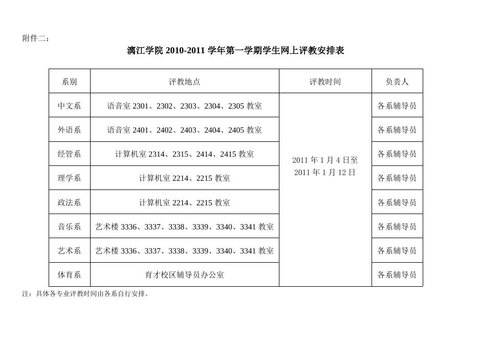 漓江学院10-11学年第一学期学生网上评教安排表.doc