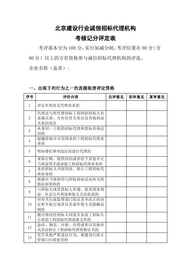 北京建设行业“诚信招标代理机构”考核记分评定表（2014版）.docx
