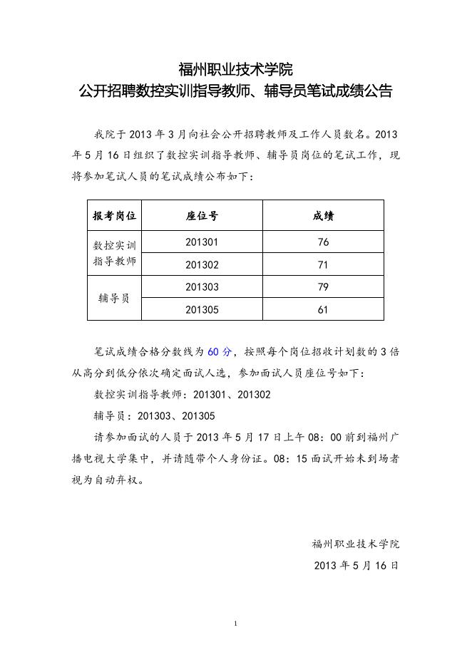 福州职业技术学院公开招聘数控实训指导教师、辅导员笔试成绩公告.doc