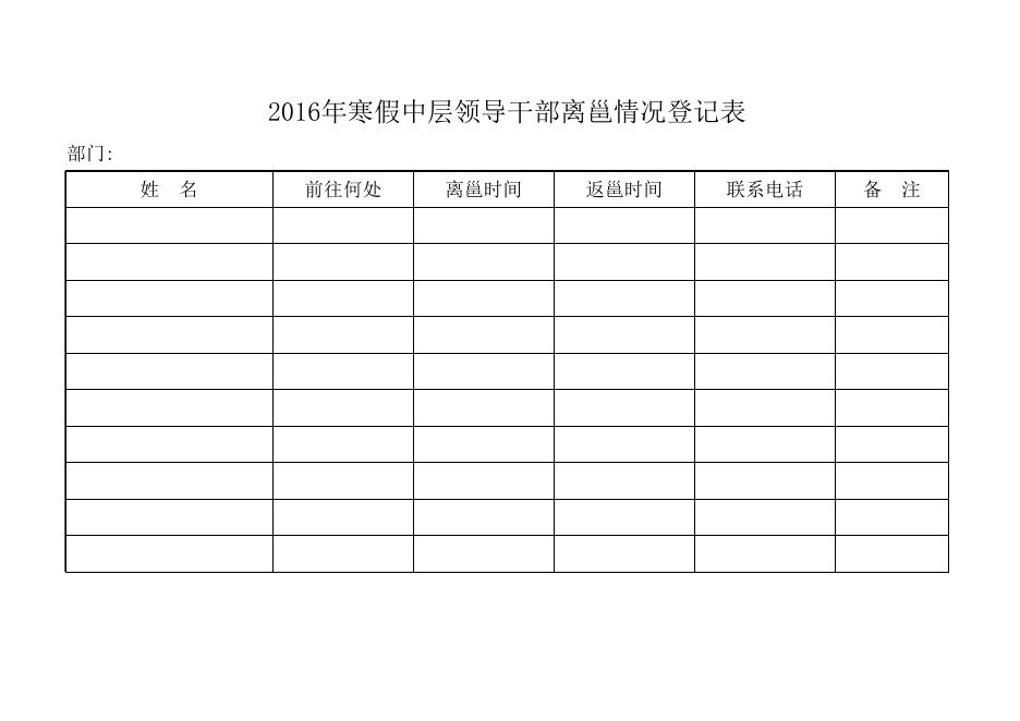 2016年寒假中层领导干部离邕情况登记表.xls