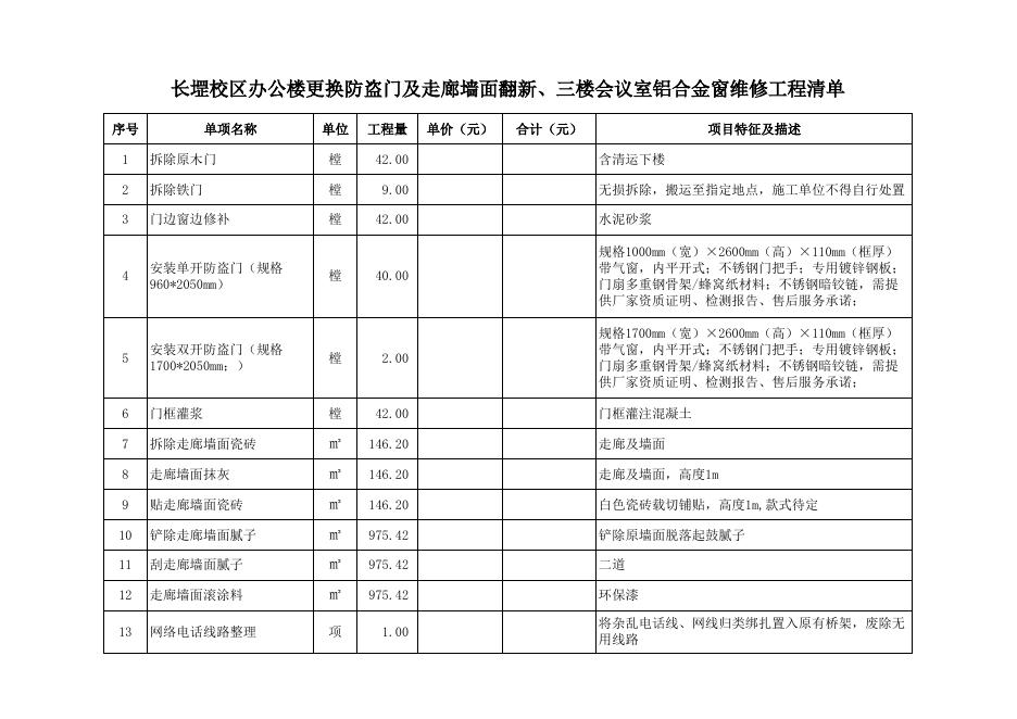 附件：长堽校区办公楼更换防盗门及走廊墙面翻新、三楼会议室铝合金窗维修工程清单（挂网）.xlsx