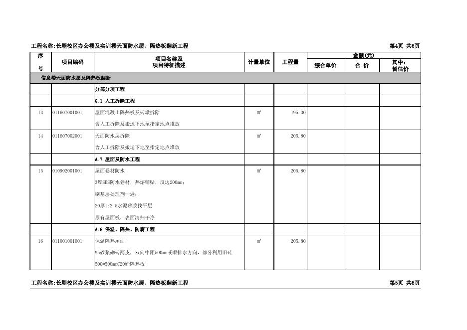 附件：长堽校区办公楼及实训楼天面防水层、隔热板翻新工程清单（挂网）.xlsx